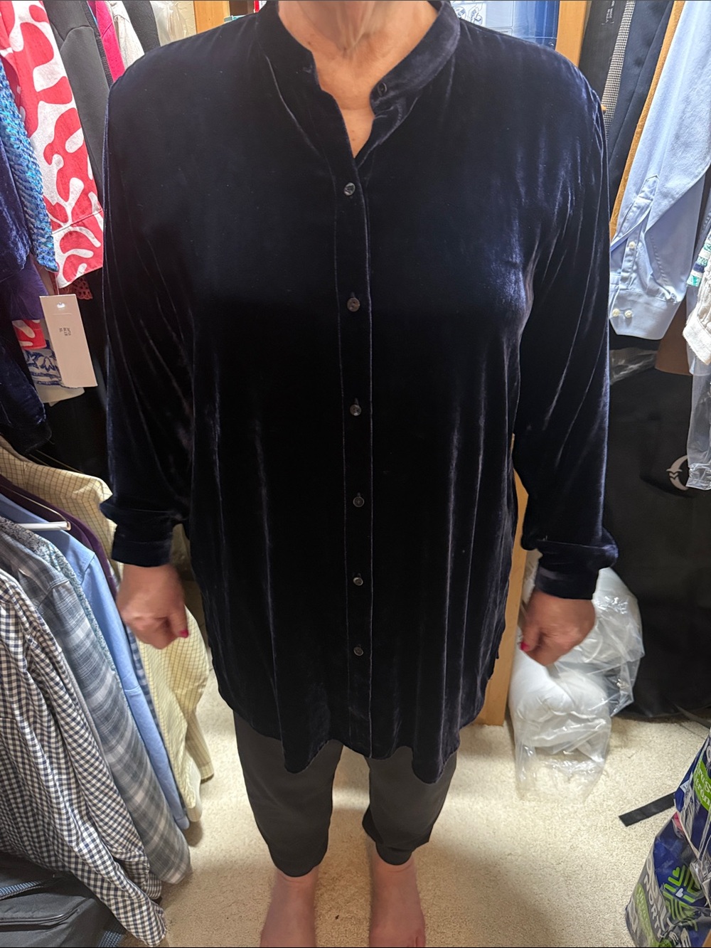 Eileen Fisher Velvet Button-Down Shirt Jacket in Deep Navy